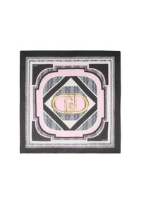 Silk tørklæde med et geometrisk mønster i sort, lyserød og grå, med gulddetaljer og et centralt logo. Glat tekstur og kvadratisk form.