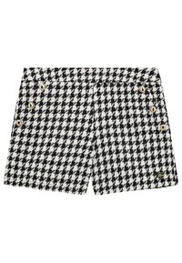Shorts houndstooth in bianco e nero con tessuto testurizzato, caratterizzati da bottoni dorati sul lato e un piccolo logo sull'orlo.