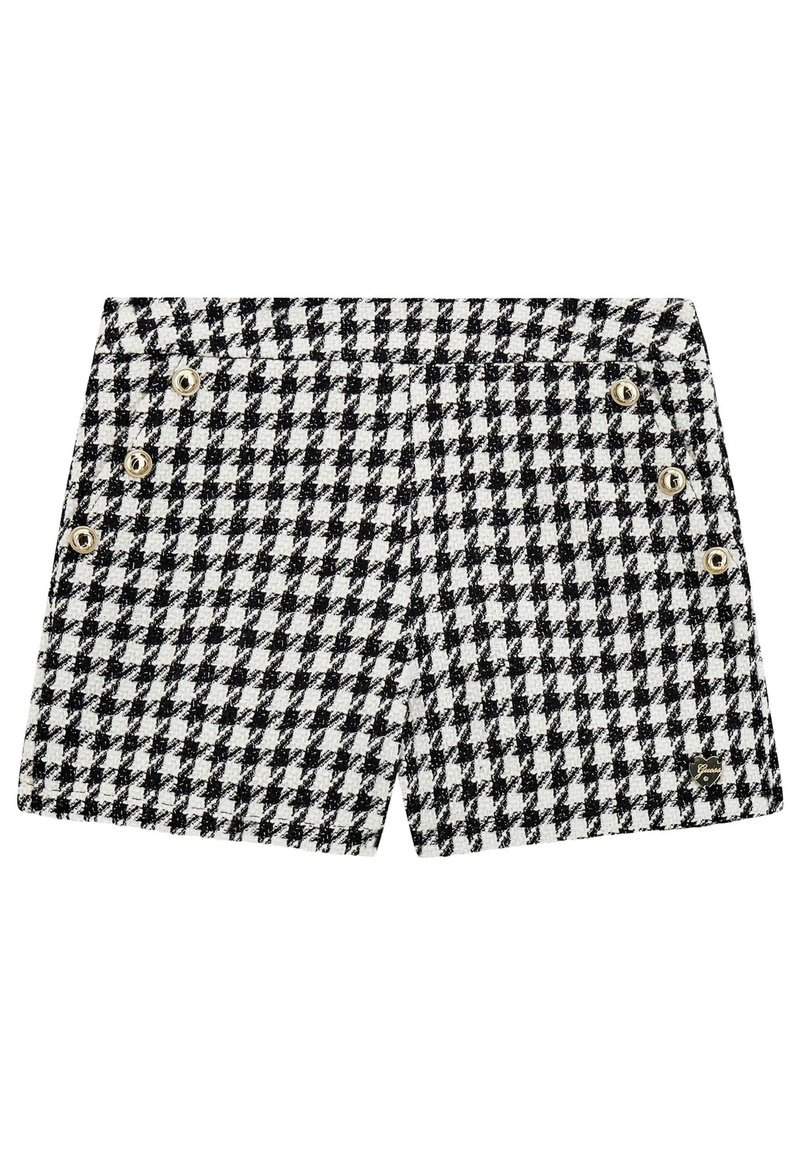 Shorts houndstooth in bianco e nero con tessuto testurizzato, caratterizzati da bottoni dorati sul lato e un piccolo logo sull'orlo.