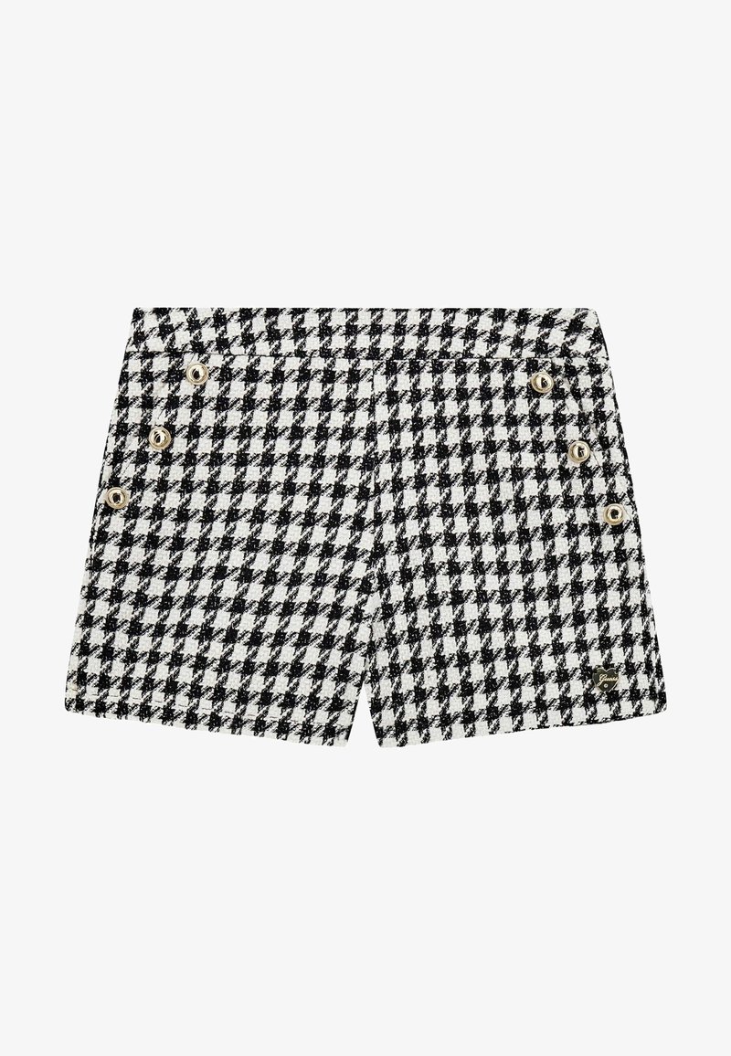 Shorts houndstooth in bianco e nero con tessuto testurizzato, caratterizzati da bottoni dorati sul lato e un piccolo logo sull'orlo.