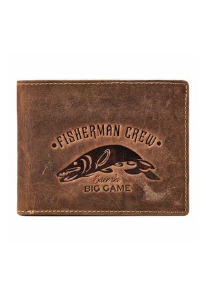 Bruine leren portemonnee met gestikte randen, bedrukt met een visafbeelding en de tekst "Fisherman Crew Enter the Big Game."