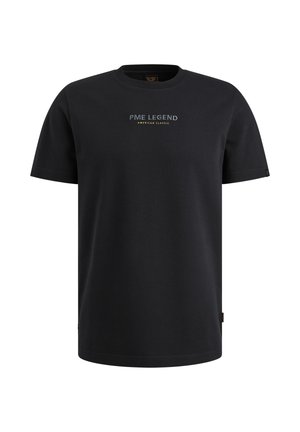 Zwarte katoenen T-shirt met korte mouwen, ronde hals en PME Legend-logo in wit en goud op de borst. Gladde textuur, geen patronen.