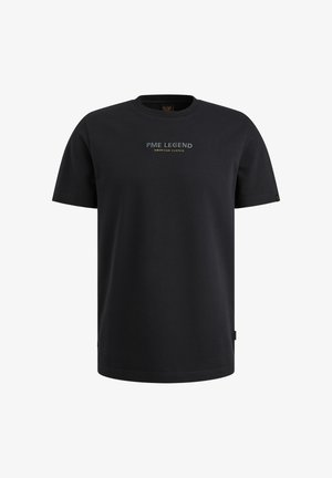 Schwarzes Baumwoll-T-Shirt mit kurzen Ärmeln, Rundhalsausschnitt und PME Legend-Logo in Weiß und Gold auf der Brust. Glatte Textur, keine Muster.