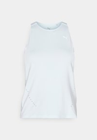 Svijetloplavi bezrukavnik sportski top od glatke tkanine. Sadrži nagnuti dizajn ramena, male ventilacijske rupice i bijeli logotip.