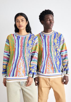 Bunte gemusterte Sweatshirts in Blau-, Grün-, Orange- und Rottönen. Strickdesign mit aufwendigen Details und gerippten Bündchen.