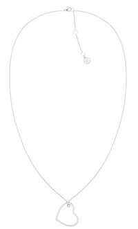 Collar de cadena plateada con un colgante de corazón abierto, acentuado por un pequeño cristal transparente, superficie lisa y diseño delicado.