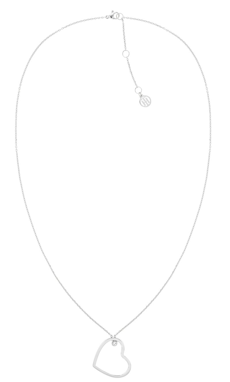 Collar de cadena plateada con un colgante de corazón abierto, acentuado por un pequeño cristal transparente, superficie lisa y diseño delicado.