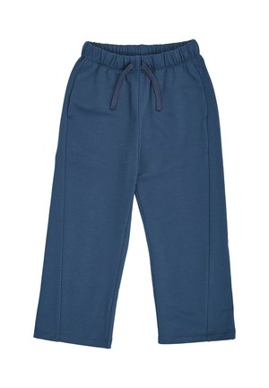 Blå elastiske bukser med snøre i taljen og sidelommer, lavet af blødt stof, designet til casual brug.