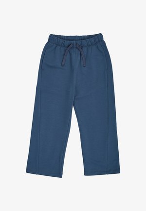Blå elastiske bukser med snøre i taljen og sidelommer, lavet af blødt stof, designet til casual brug.