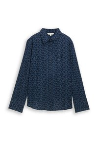Marineblauwe overhemd met lange mouwen, voorzien van een geometrisch blauw patroon. Zachte textuur en klassiek kraagontwerp.