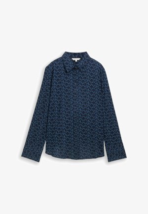Chemise bleu marine à boutons, avec des manches longues, présentant un motif géométrique bleu. Texture douce et design de col classique.