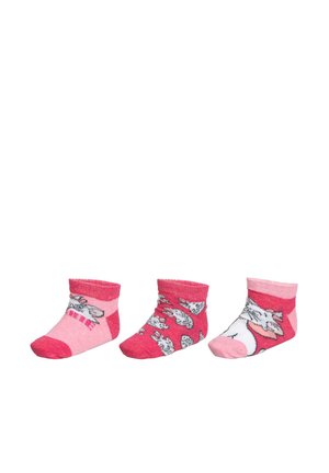 Tre paia di calzini per bambini. I materiali sono in maglia morbida con colori rosa e rosa chiaro. Presentano motivi di coniglietto e unicorno. Design alla caviglia.