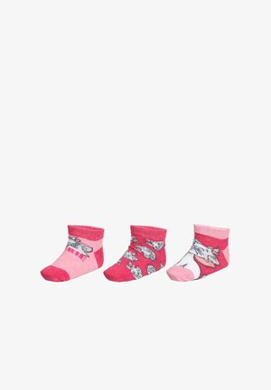 Trois paires de chaussettes pour enfants. Les matériaux sont en tricot doux avec des couleurs rose et rose clair. Présentent des motifs de lapin et de licorne. Design hauteur cheville.