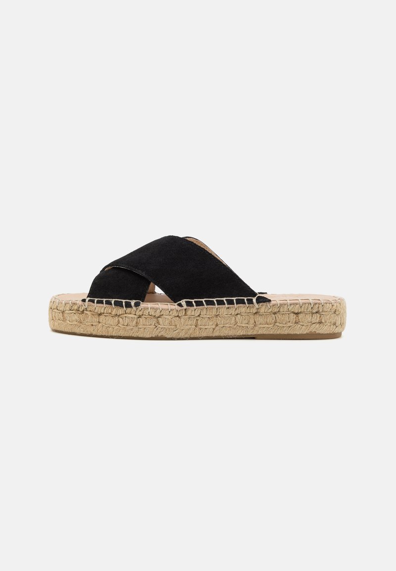 Crne suede klizne sandale s ukriženim trakama, potplat od jute konopa i šivanim detaljima duž ruba. Minimalistički dizajn s otvorenim prstima.