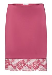 Falda de satén rosa con un dobladillo de encaje festoneado con patrones florales. Textura suave, corte ajustado y cinturilla elástica.