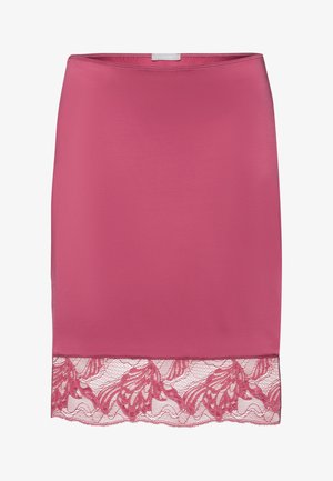 Rosa Satinrock mit einer gewellten Spitzenkante und floralen Mustern. Glatte Textur, figurbetonter Schnitt und elastischer Bund.