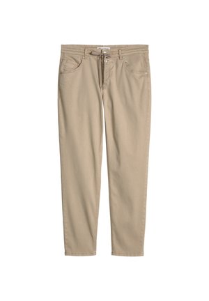 Beige Freizeithose mit Fronttaschen, Gürtelschlaufen und einer Kordelzug am Bund, flach auf weißem Hintergrund dargestellt.