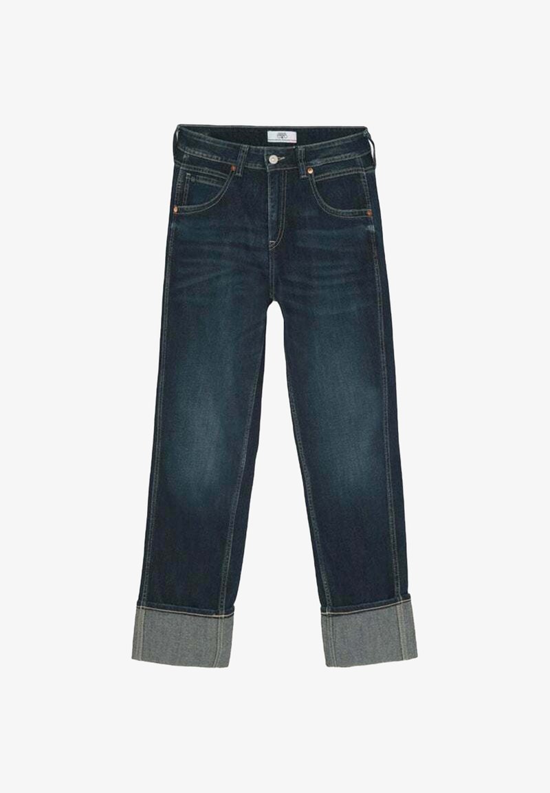 Jean en denim bleu foncé avec une coupe droite, présentant des ourlets roulés, des coutures contrastées et des poches avant.