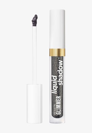 Tube transparent de fard à paupières liquide pailleté foncé avec un bouchon blanc et une bande dorée, applicateur avec pointe montrant le produit pailleté.