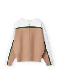 Maglione con zip, corpo marrone, maniche bianche e strisce verdi. Realizzato in tessuto testurizzato, ha una vestibilità comoda e tasche laterali.