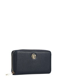 Portafoglio in pelle blu navy con finitura testurizzata, cerniera dorata e accentatura con logo. Design compatto con forma rettangolare e bordi lisci.