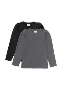 Två långärmade toppar i svart och mörkgrå bomull. Båda har rundad halsringning och puffärmar. Etikett synlig invändigt.