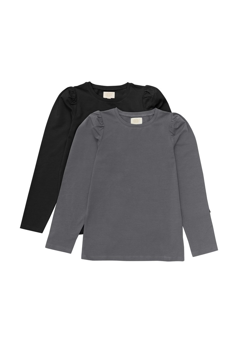 Två långärmade toppar i svart och mörkgrå bomull. Båda har rundad halsringning och puffärmar. Etikett synlig invändigt.