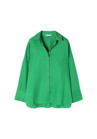 Green linen shirt with a collar, long sleeves, and button closure. Features a relaxed fit and lightweight texture. Buttons are in a natural finish.