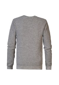 Grauer Langarmpullover aus strukturiertem Stoff. Rundhals, gerippter Saum und Bündchen. Die Rückansicht zeigt ein einheitliches Strickmuster.