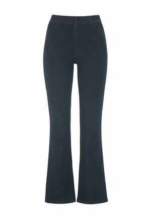 Donkerblauwe flared jeans met een elastische tailleband, voorzien van twee zijzakken en een gladde denimtextuur.