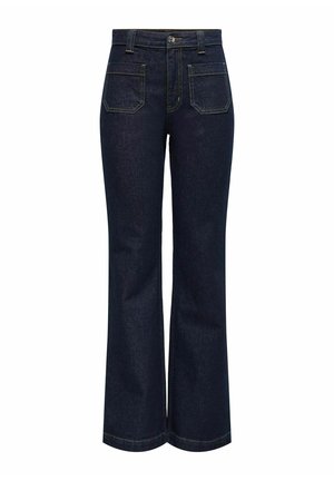 Dark denim flared jeans with a high waist, featuring two back pockets and contrasting yellow stitching along seams and edges.