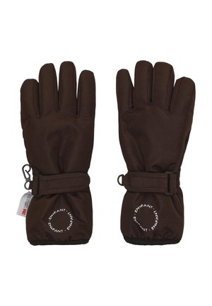 Par de guantes aislantes de color marrón oscuro con correas en la muñeca y texto circular blanco "ENFANT" cerca de los puños en cada guante.