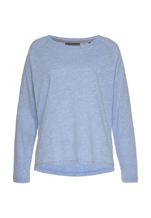 Chemise à manches longues bleu clair avec col rond, manches raglan et ourlet légèrement incurvé, tissu uni et doux.