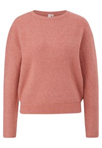 Rosa ribbad tröja med rund hals, sänkta axlar och långa ärmar. Mjuk textur och elastisk nederkant för en avslappnad passform.