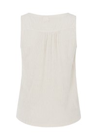 Top senza maniche di un beige chiaro con retro plissettato, texture morbida, scollo rotondo e vestibilità ampia per il massimo comfort.