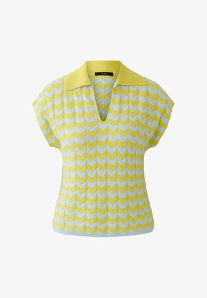 Gelb-weißes Chevron-Strick-Ärmelloses Top mit umgeschlagenem Kragen und V-Ausschnitt.
