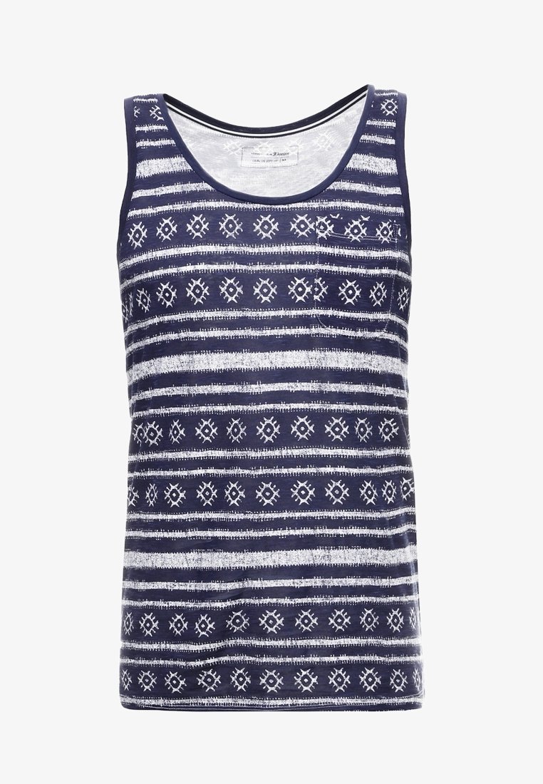 Débardeur marine avec des motifs rayés blancs et des accents géométriques. Le tissu semble doux, avec un col rond et sans manches.