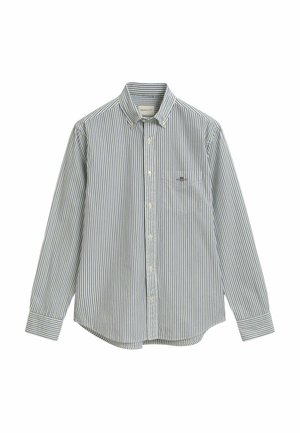 Chemise à rayures bleues et blanches, à manches longues, avec une poche poitrine et un col, fabriquée en tissu léger. Logo de la marque sur la poche.