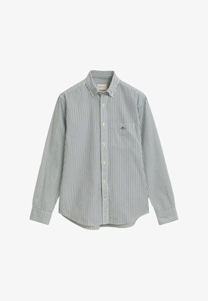 Chemise à rayures bleues et blanches, à manches longues, avec une poche poitrine et un col, fabriquée en tissu léger. Logo de la marque sur la poche.