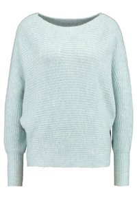 Maglione lavorato a maglia di un azzurro chiaro, morbido e confortevole, dal taglio ampio, con un motivo testurizzato, scollo ampia e maniche lunghe. Tessuto morbido e caldo con polsini a coste.