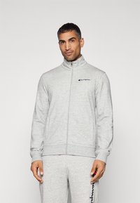 Gray zip-up sweatshirt with a high collar, ribbed cuffs, and a small embroidered logo on the left chest. Soft, textured fabric.