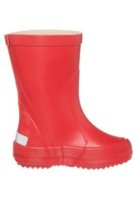 Bottillon de pluie en caoutchouc rouge avec une finition lisse, un bout arrondi, une semelle texturée et un bord légèrement surélevé en haut. Présente une bande d'accent blanche.