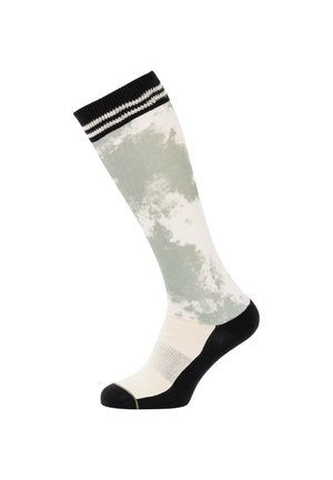 Knielange sokken met een groen-wit gemarmerd patroon, zwarte tenen en hakken, en een gestreepte zwarte band aan de bovenkant.