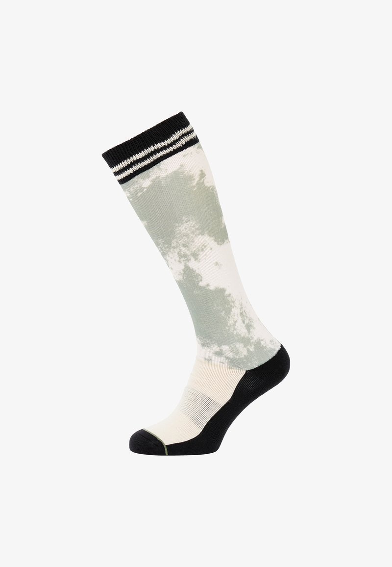 Kelio ilgio kojinės su žalia ir balta marmurinėmis raštais, juodais pirštų ir kulno akcentais, ir juostuota juoda juosta viršuje.