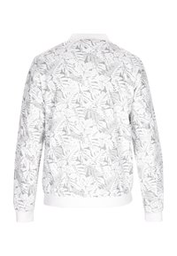 Witte sweatshirt met een grijs bladerenpatroon, ronde hals en ribgebreide manchetten. Materiaal lijkt textuur te hebben, met een casual ontwerp en een iets losse pasvorm.