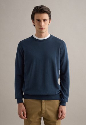 Joven con cabello oscuro que lleva un suéter azul de cuello redondo sobre una camisa blanca y pantalones marrones, de pie frente a un fondo beige liso.