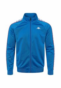 Blå atletisk jakke med lynlås, lavet af glat stof. Den har en opretstående krave, ribstrikkede manchetter og sidelængdestriber med et logo på brystet.