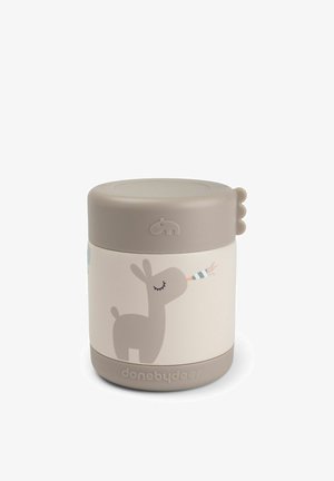 Small beige and white food container with a cartoon llama blowing a party horn on the side, and a rounded lid with a playful knob.