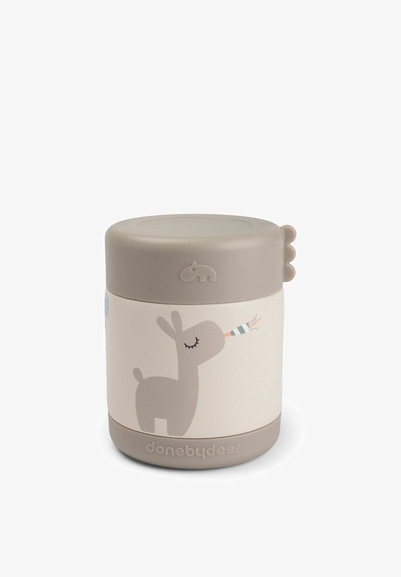 Petit récipient alimentaire beige et blanc avec un lama dessiné soufflant dans un cor de fête sur le côté, et un couvercle arrondi avec un bouton ludique.