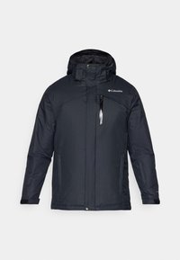 Svart vanntett jakke med hette, frontlukking med glidelås, glidelåslomme på brystet og sidelommer. Har en glatt tekstur og justerbare cuffs.
